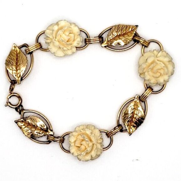 Vintage Signed GAC 12k Gold Filled Carved Roses & Leaves Link Bracelet 7" - Picture 1 of 3